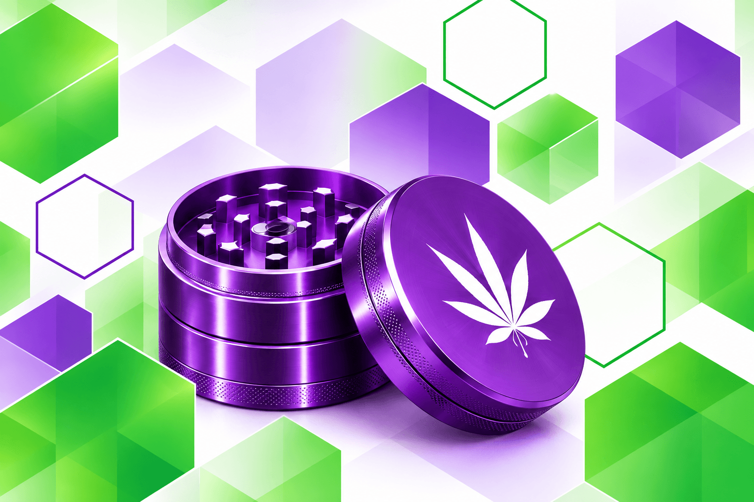 Purple grinder with cannabis leaf on green and purple geometric artwork