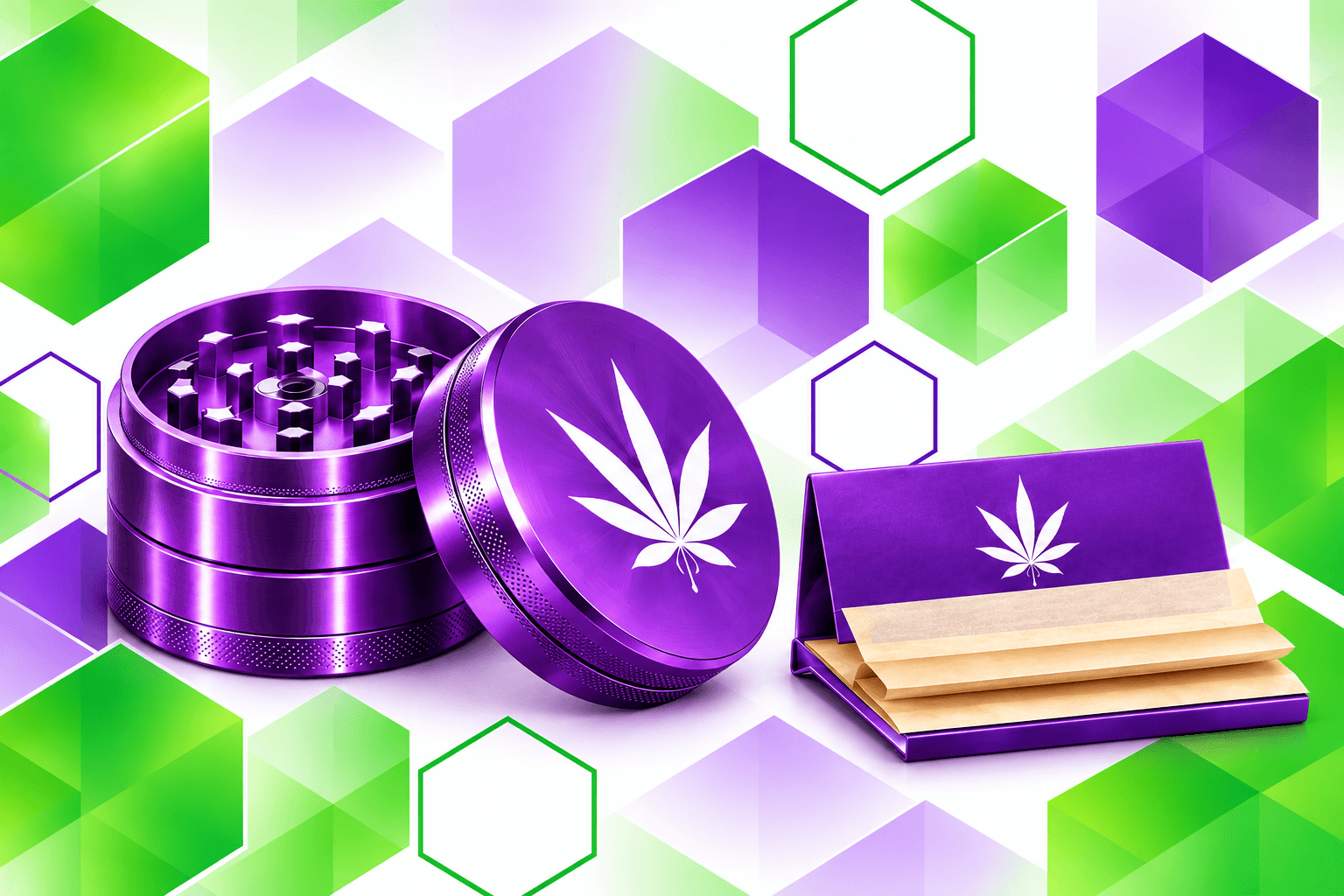Jane Wilson green and purple storefront artwork featuring a grinder and rolling papers