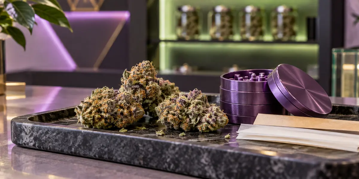 Cannabis flower, a purple grinder, and rolling papers on a stone tray