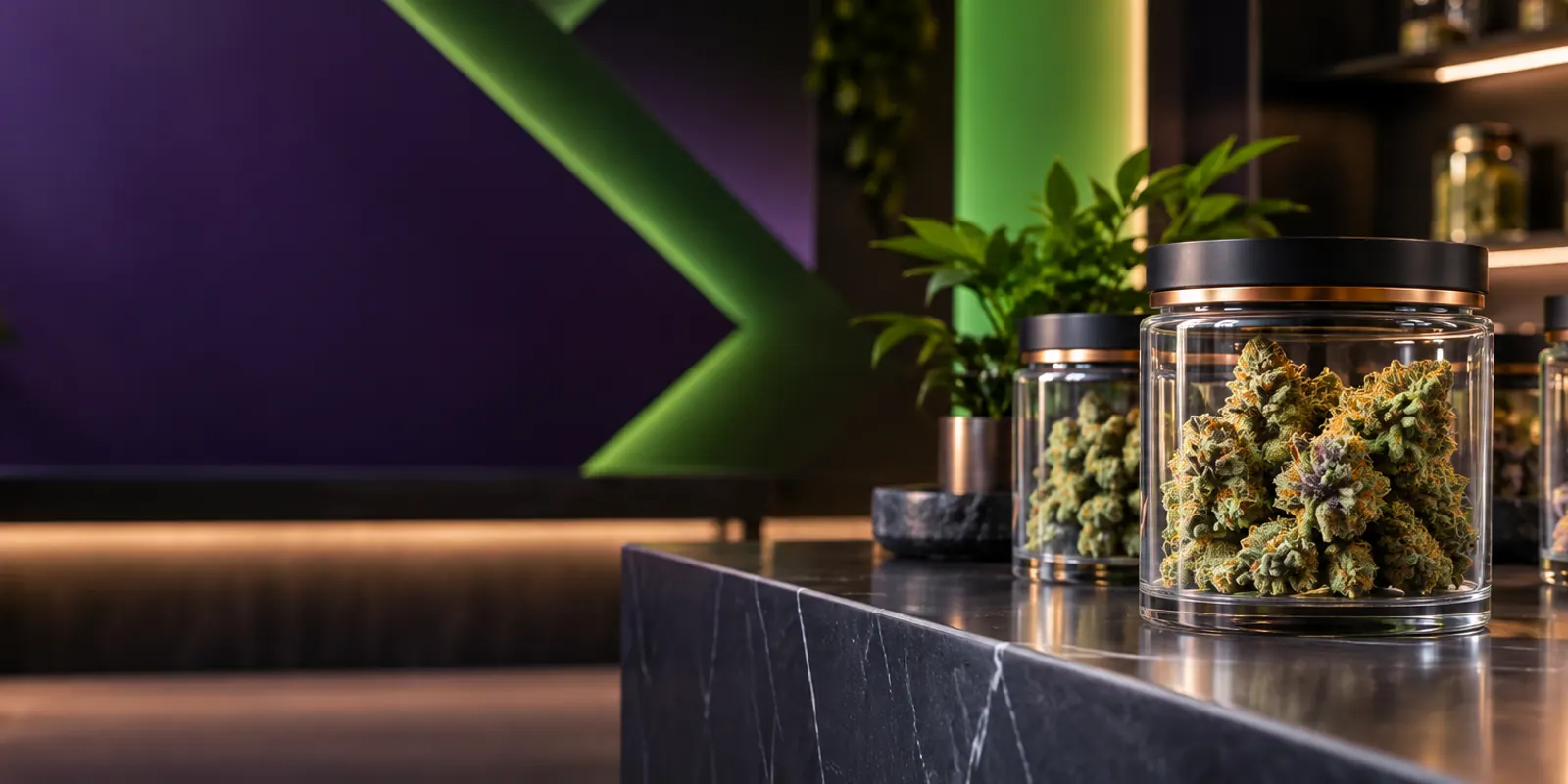 Cannabis flower jars on a modern green and purple retail counter