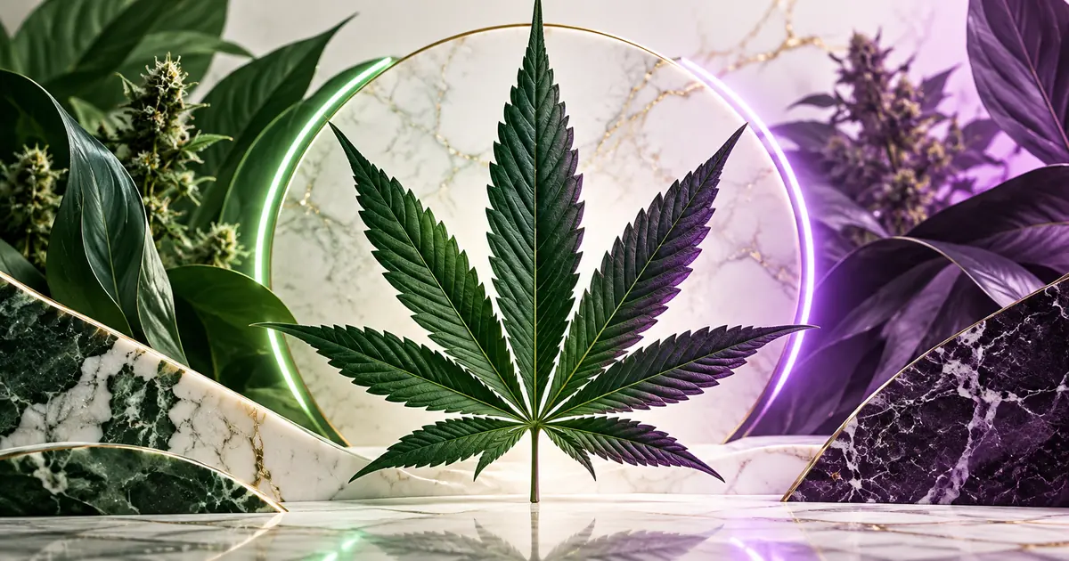 Hybrid strain guide artwork Illustrated purple and green cannabis leaf macro for hybrid strain guides